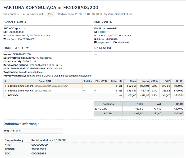 Przykładowa faktura KSeF wyrenderowana przez KSeFeusz